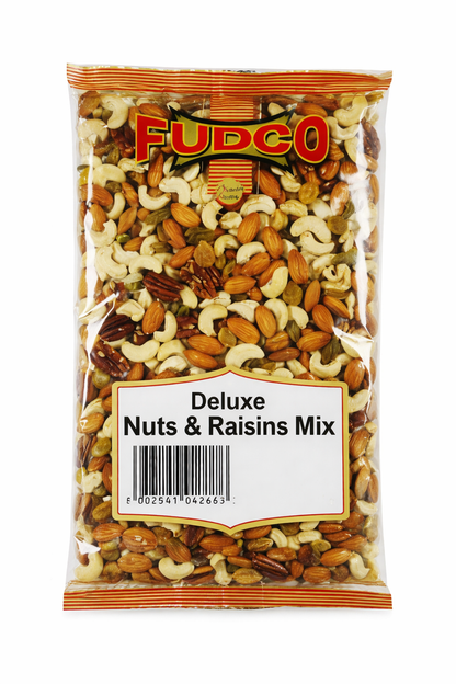 Fudco Deluxe Nuts & Raisins Mix available in 250g and 700g packs, featuring a premium assortment of peanuts, almonds, cashews, and sweet raisins for snacking and baking.