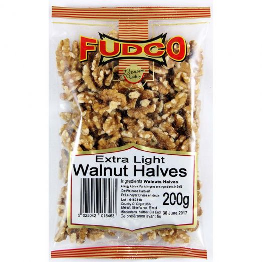Fudco Extra Light Walnut Halves available in 175g and 600g packs, featuring premium whole walnut halves with a light golden colour and crunchy texture suitable for baking and snacking.