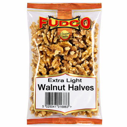 Fudco Extra Light Walnut Halves available in 175g and 600g packs, featuring premium whole walnut halves with a light golden colour and crunchy texture suitable for baking and snacking.