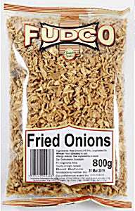 Fudco Fried Onions 400g and 800g retail packs showing crispy golden onion topping suitable for biryani, salads and cooking garnish, product of Netherlands.