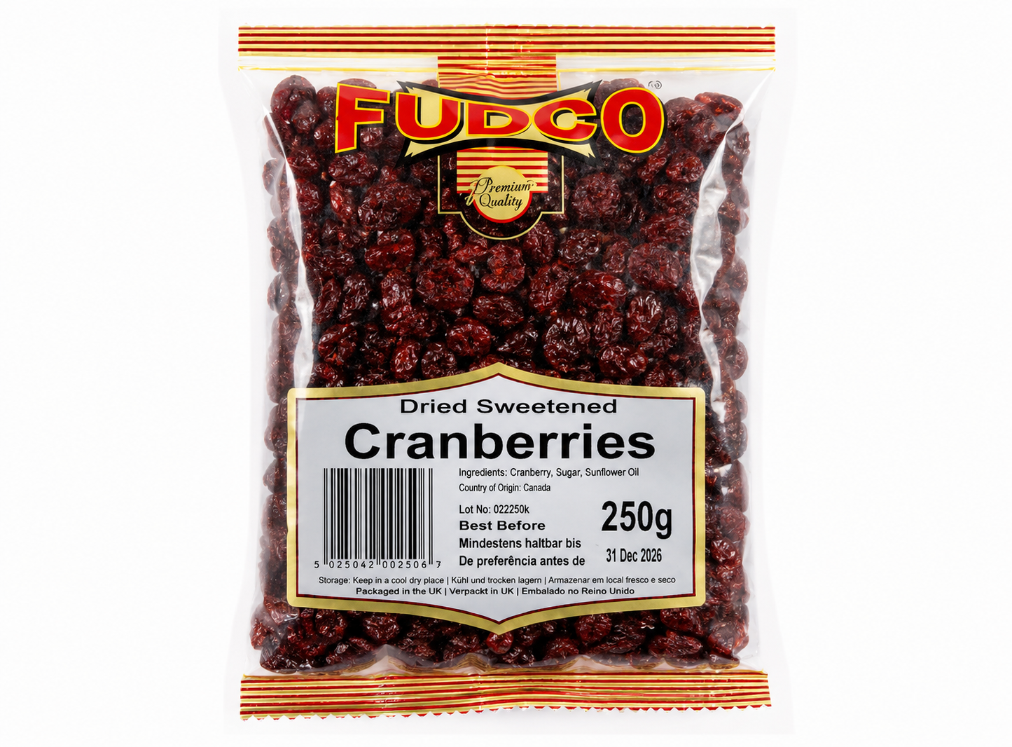 A 250g bag of Fudco Dried Sweetened Cranberries on a plain white background.