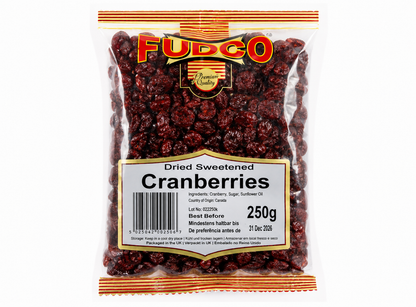 A 250g bag of Fudco Dried Sweetened Cranberries on a plain white background.