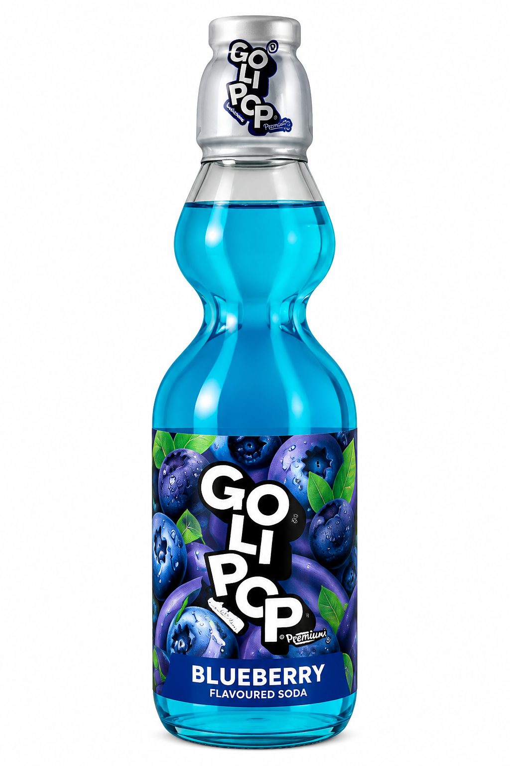 Goli Pop Blueberry Flavoured Soda 250ml glass bottle with blue soda, blueberry illustrations and branded label on a white background.