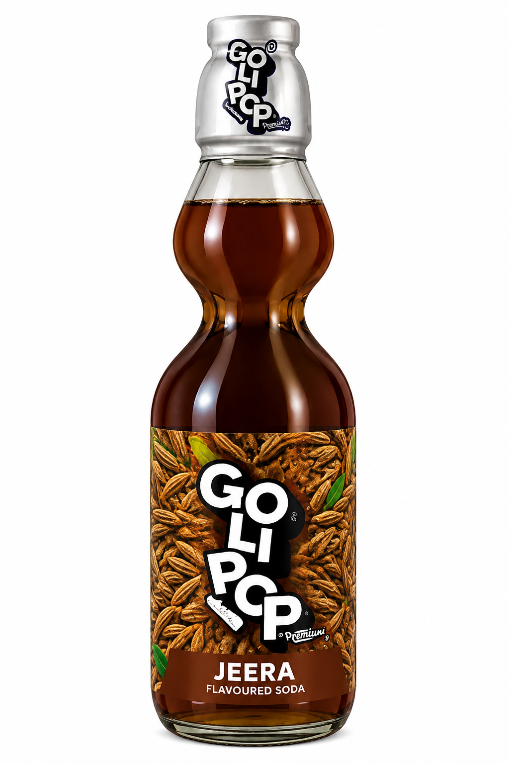 Goli Pop Jeera Flavoured Soda 250ml glass bottle with dark brown soda, cumin seed illustrations and branded label on a white background.