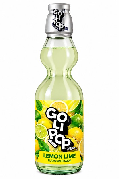Goli Pop Lemon Lime Flavoured Soda 250ml glass bottle with pale citrus soda, lemon and lime illustrations on a white background.