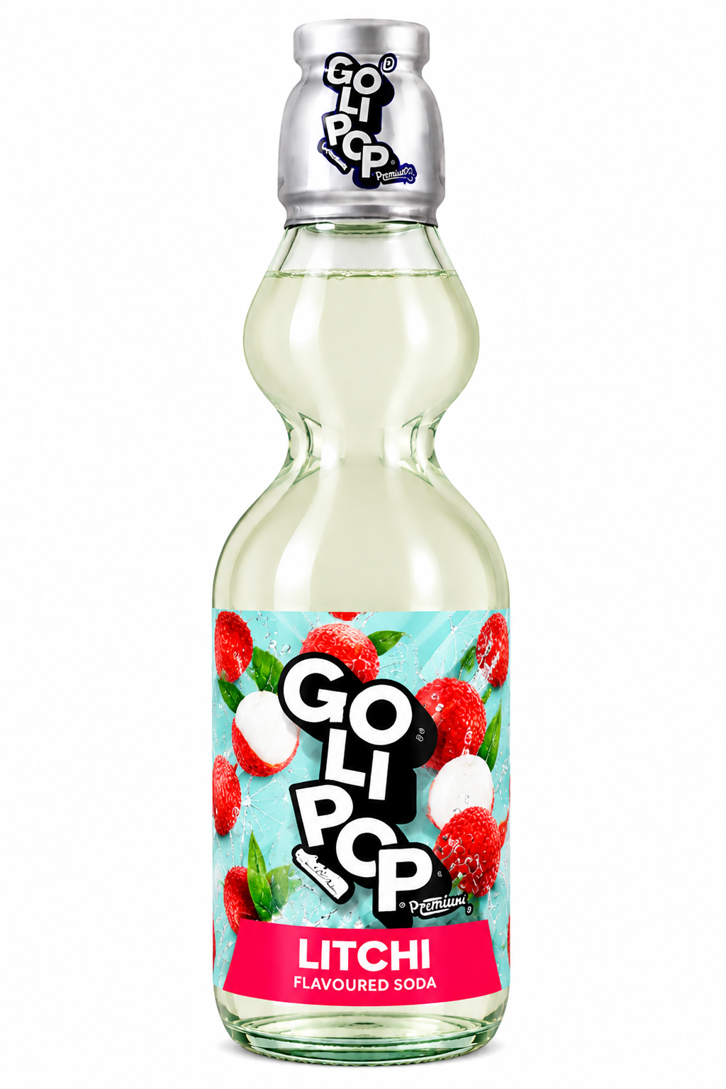 Goli Pop Litchi Flavoured Soda 250ml glass bottle with litchi fruit illustrations and branded label on a white background.