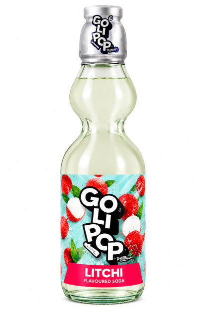 Goli Pop Litchi Flavoured Soda 250ml glass bottle with litchi fruit illustrations and branded label on a white background.
