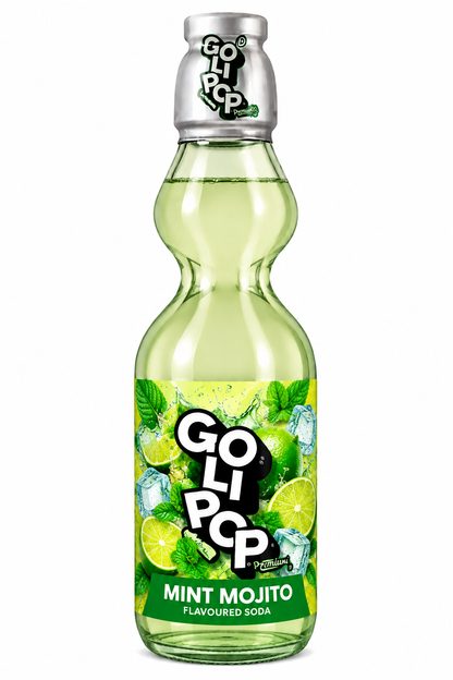 Goli Pop Mint Mojito Flavoured Soda 250ml glass bottle with mint leaves, lime illustrations and green flavour label on a white background.