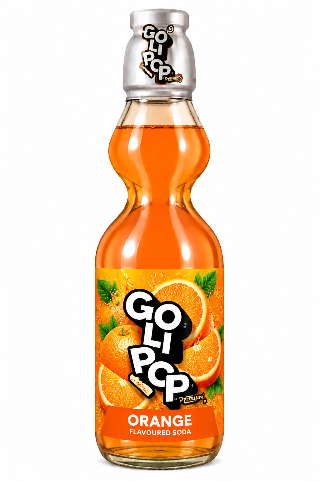 Goli Pop Orange Flavoured Soda 250ml glass bottle with orange-coloured soda, fresh orange illustrations and branded label on a white background.