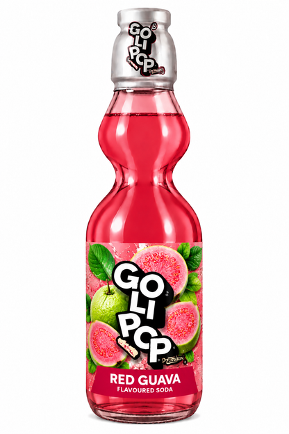 Goli Pop Red Guava Flavoured Soda 250ml glass bottle with red-pink soda, guava illustrations and branded label on a white background.
