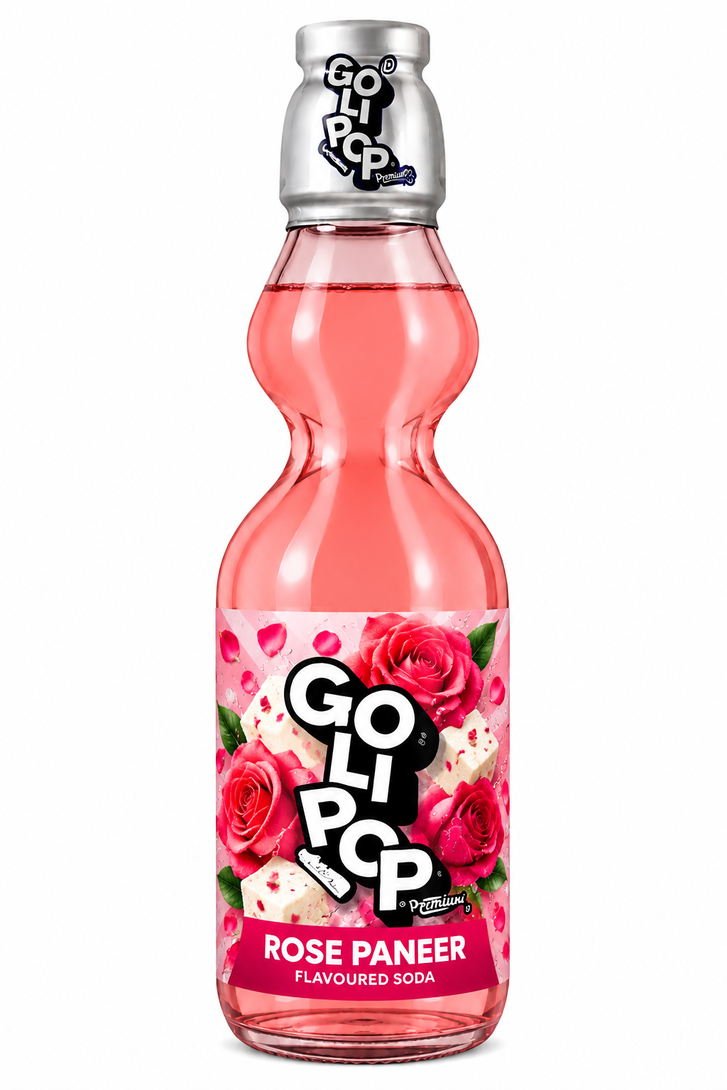 Goli Pop Rose Paneer Flavoured Soda 250ml glass bottle with pink soda, rose illustrations and branded label on a white background.