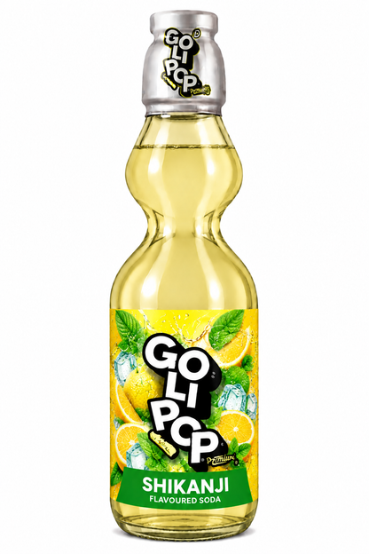 Goli Pop Shikanji Flavoured Soda 250ml glass bottle with pale yellow soda, lemon illustrations, mint leaves and green flavour label on a white background.