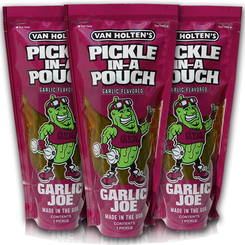 Van Holten’s Garlic Joe dill pickle in individual pouch packaging