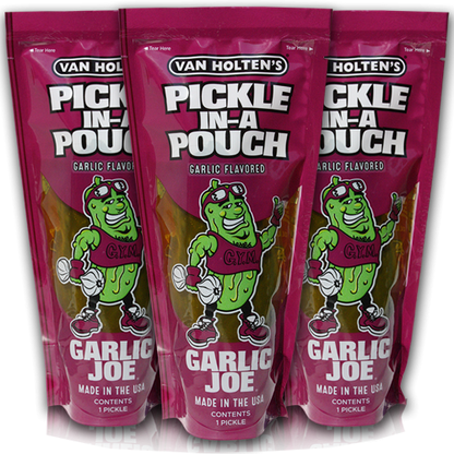 Van Holten’s Garlic Joe dill pickle in individual pouch packaging