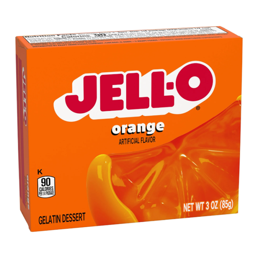Box of Jell-O Orange Gelatin Dessert 3oz 85g packaging front view.
