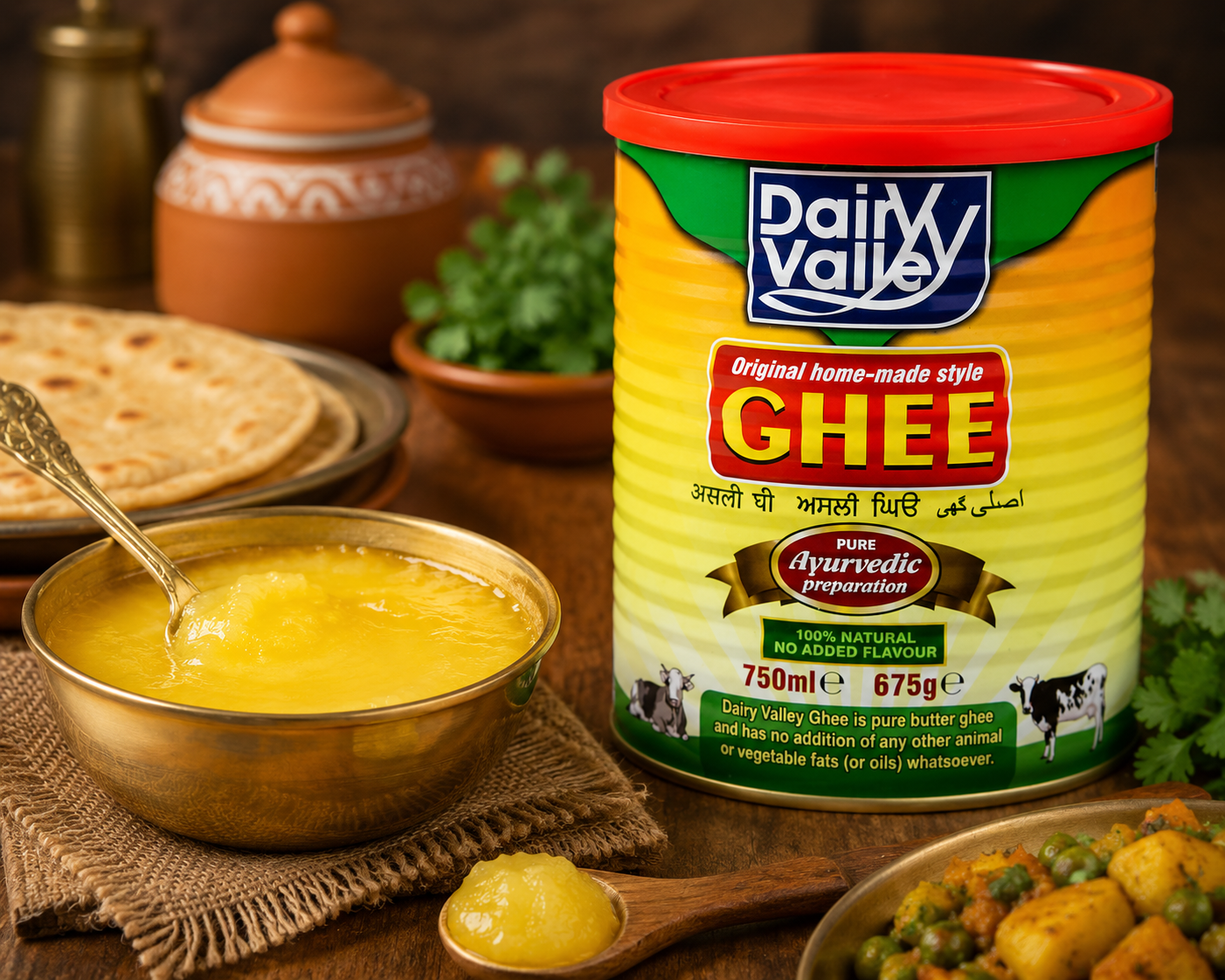 A tub of Dairy Valley Ghee stands on a wooden table beside a bowl of yellow ghee, flatbread, and a prepared dish, with a warm rustic kitchen setting in the background.