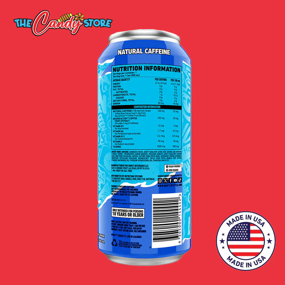 Sugar-free blue raspberry energy drink by Ghost