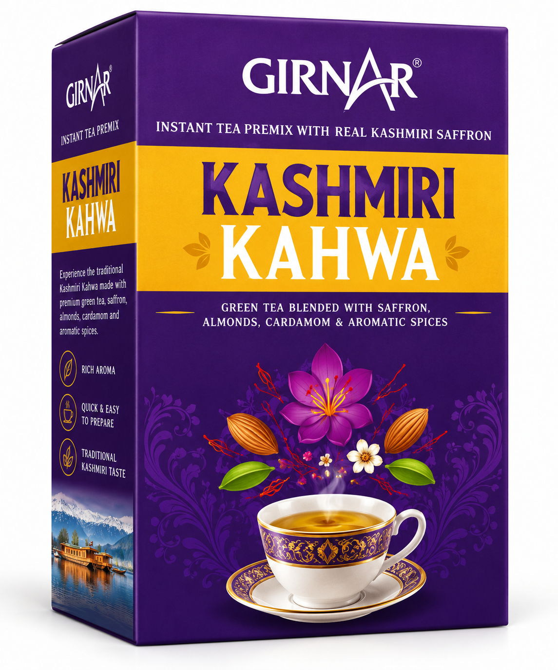 Girnar Kashmiri Kahwa 200g purple and gold box featuring a steaming cup of kahwa, saffron, cardamom, almonds and traditional Kashmiri design.