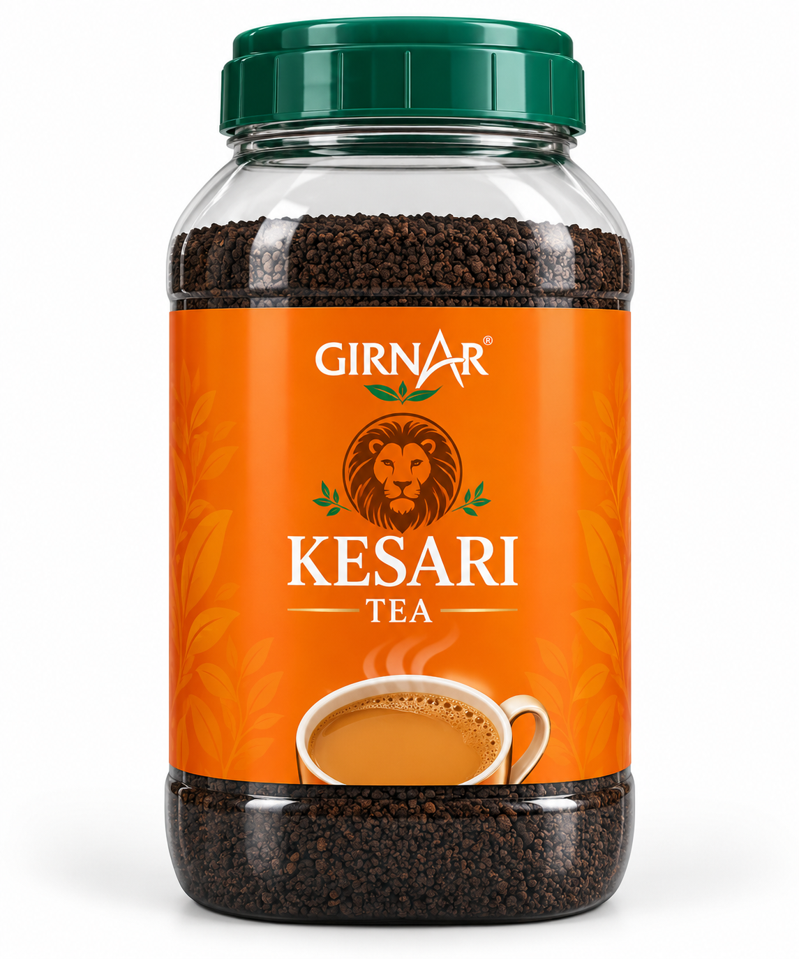 Girnar Kesri Tea 1kg jar featuring dark tea granules, a dark green lid and a bright orange label with a lion emblem and steaming cup of tea.