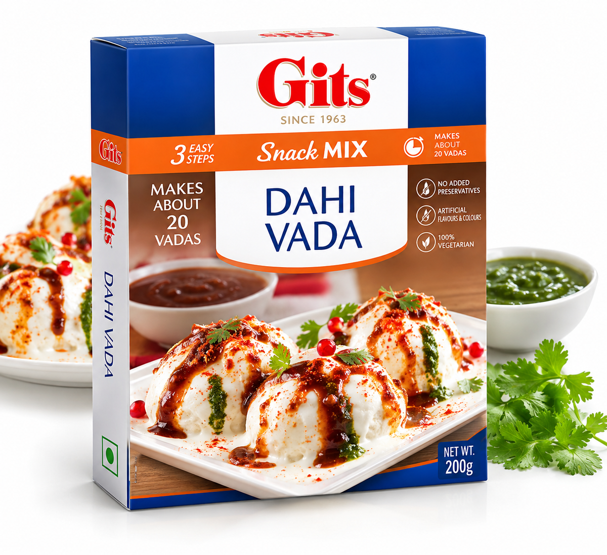 Gits Dahi Vada Snack Mix 200g box for preparing traditional Indian dahi vada, featuring blue, orange and white packaging with a serving suggestion of yogurt-covered vadas and chutneys.