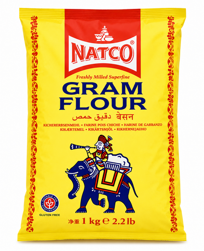 A 1 kg bag of Natco Gram Flour, featuring a bright yellow packaging design with a red brand header, blue text, and an illustration of a traditional Indian figure riding an elephant.