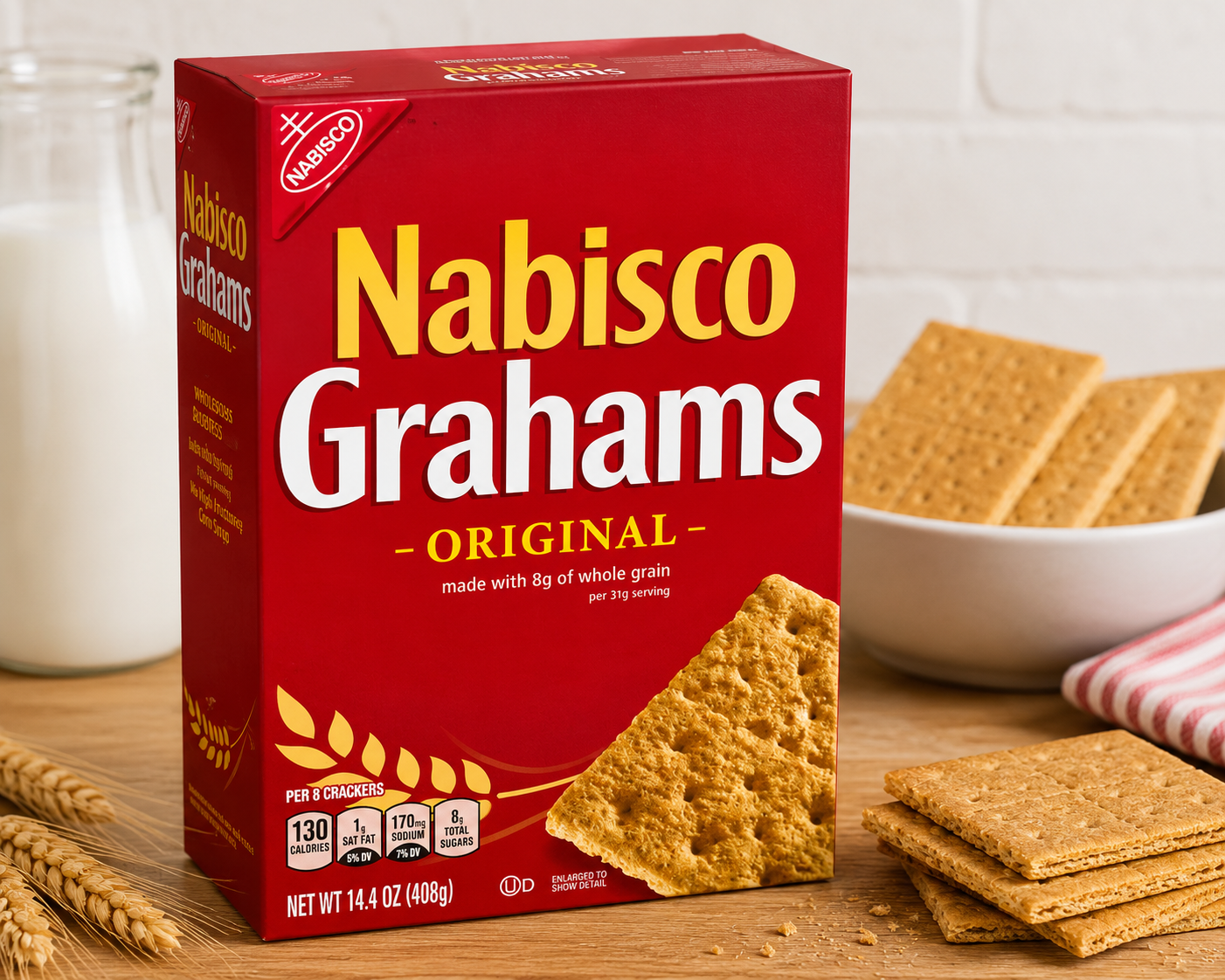 A box of Nabisco Grahams Original crackers on a wooden table, with several crackers stacked in front and a bowl of crackers in the background, alongside a blurred glass of milk.