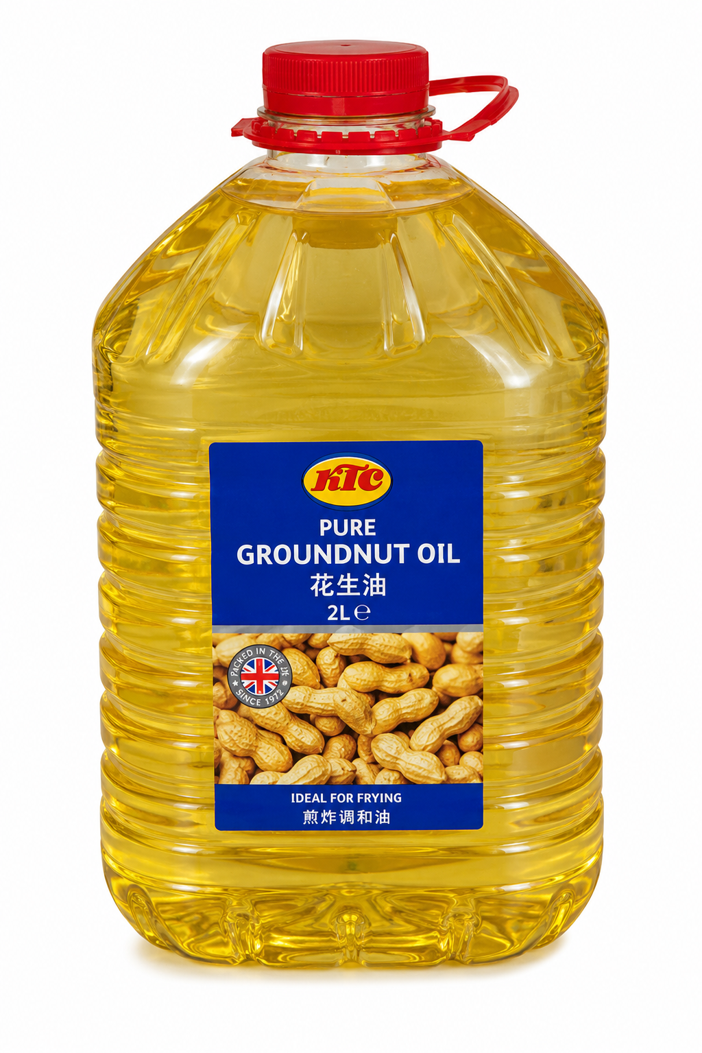A plastic bottle of Rite Pure Groundnut Oil filled with golden yellow oil, featuring a blue and white label with peanuts, a red cap, and a carry loop, isolated on a white background.
