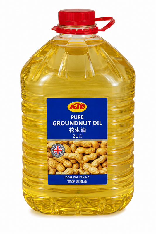 A plastic bottle of Rite Pure Groundnut Oil filled with golden yellow oil, featuring a blue and white label with peanuts, a red cap, and a carry loop, isolated on a white background.