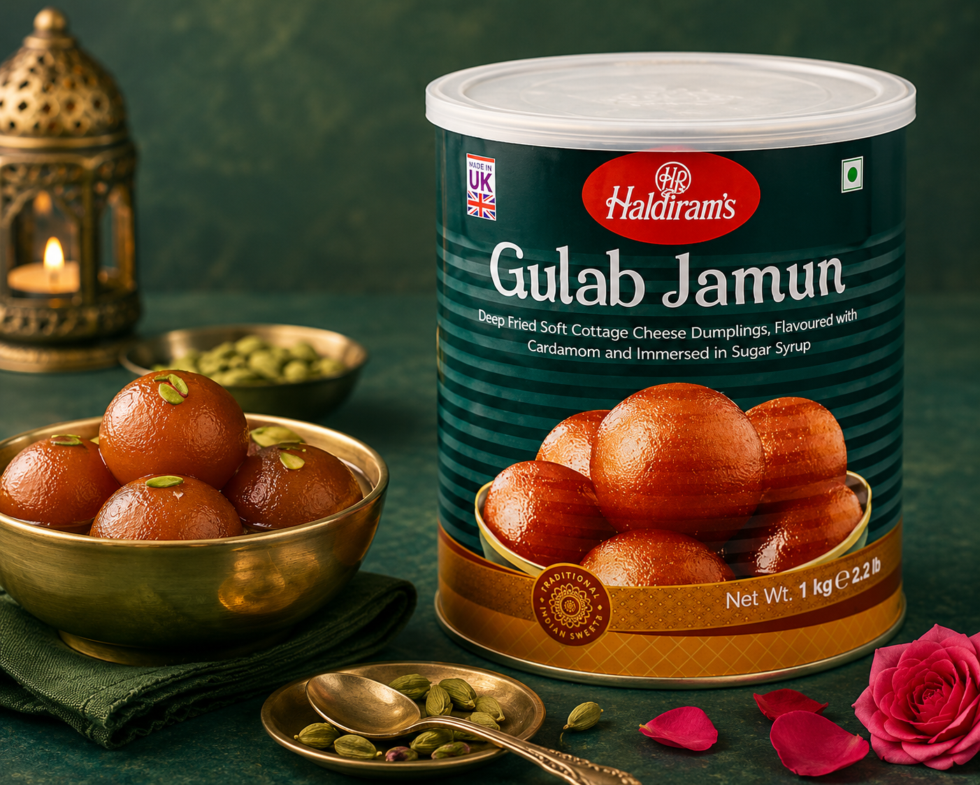 A 1 kg canister of Haldiram's Gulab Jamun stands on a dark green surface next to a brass bowl filled with the syrup-soaked dumplings, with pistachios, a lantern, and rose petals around it.