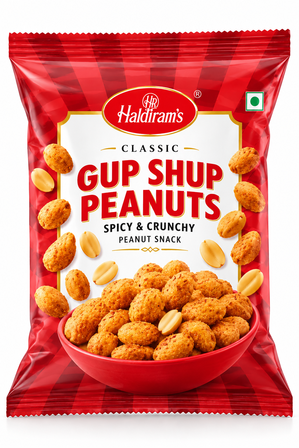 Haldiram's Gup Shup Peanuts 200g in red checkered packaging, featuring spicy coated peanuts, a bowl of crunchy snacks and the Haldiram's logo.