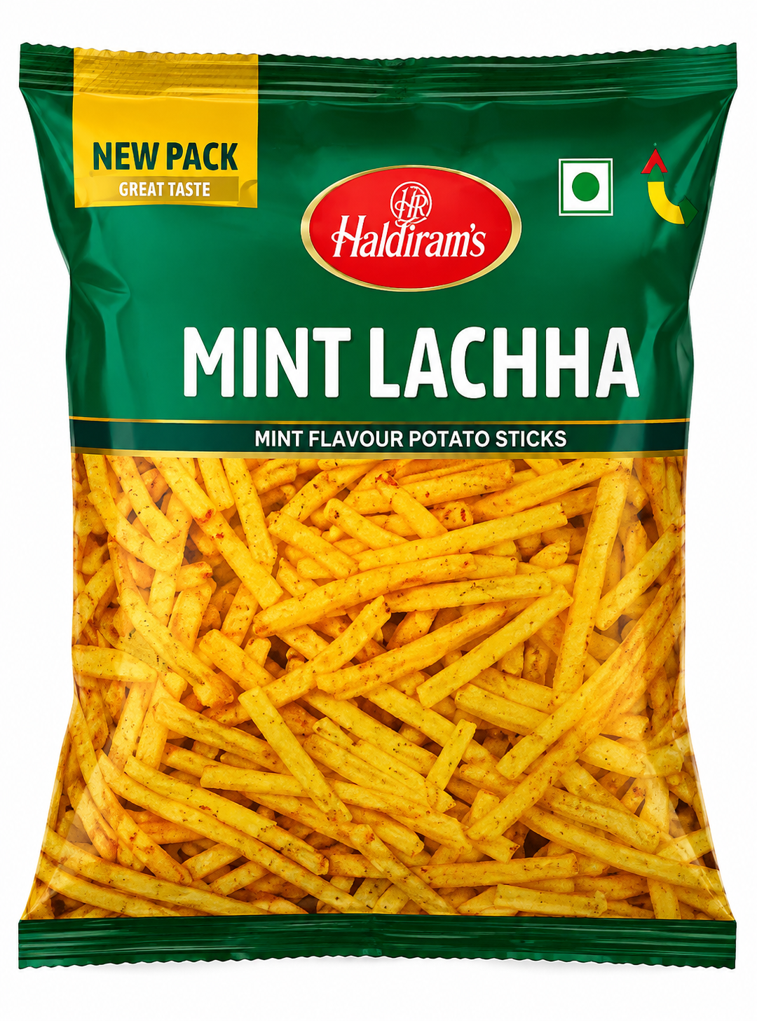 A bag of Haldiram's Mint Lachha potato sticks, featuring a dark green packaging with a yellow 'New Pack' banner and a clear window showing the golden-yellow potato sticks inside.