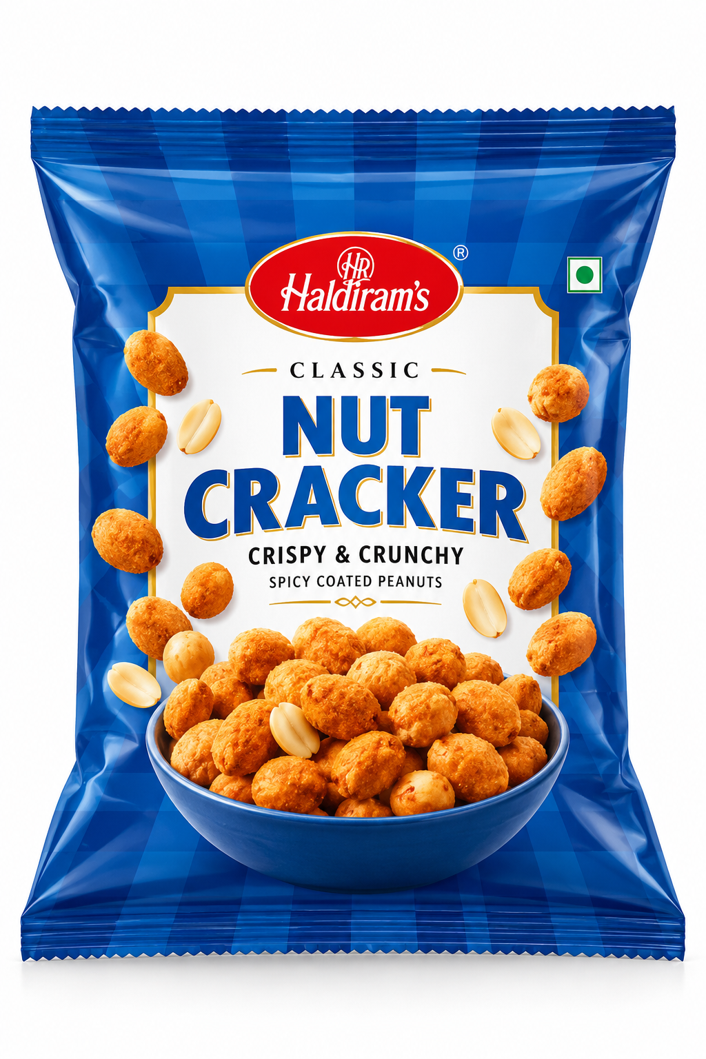 Haldiram's Nut Cracker 200g in blue checkered packaging, featuring crispy coated peanuts, a bowl of crunchy snacks and the Haldiram's logo.
