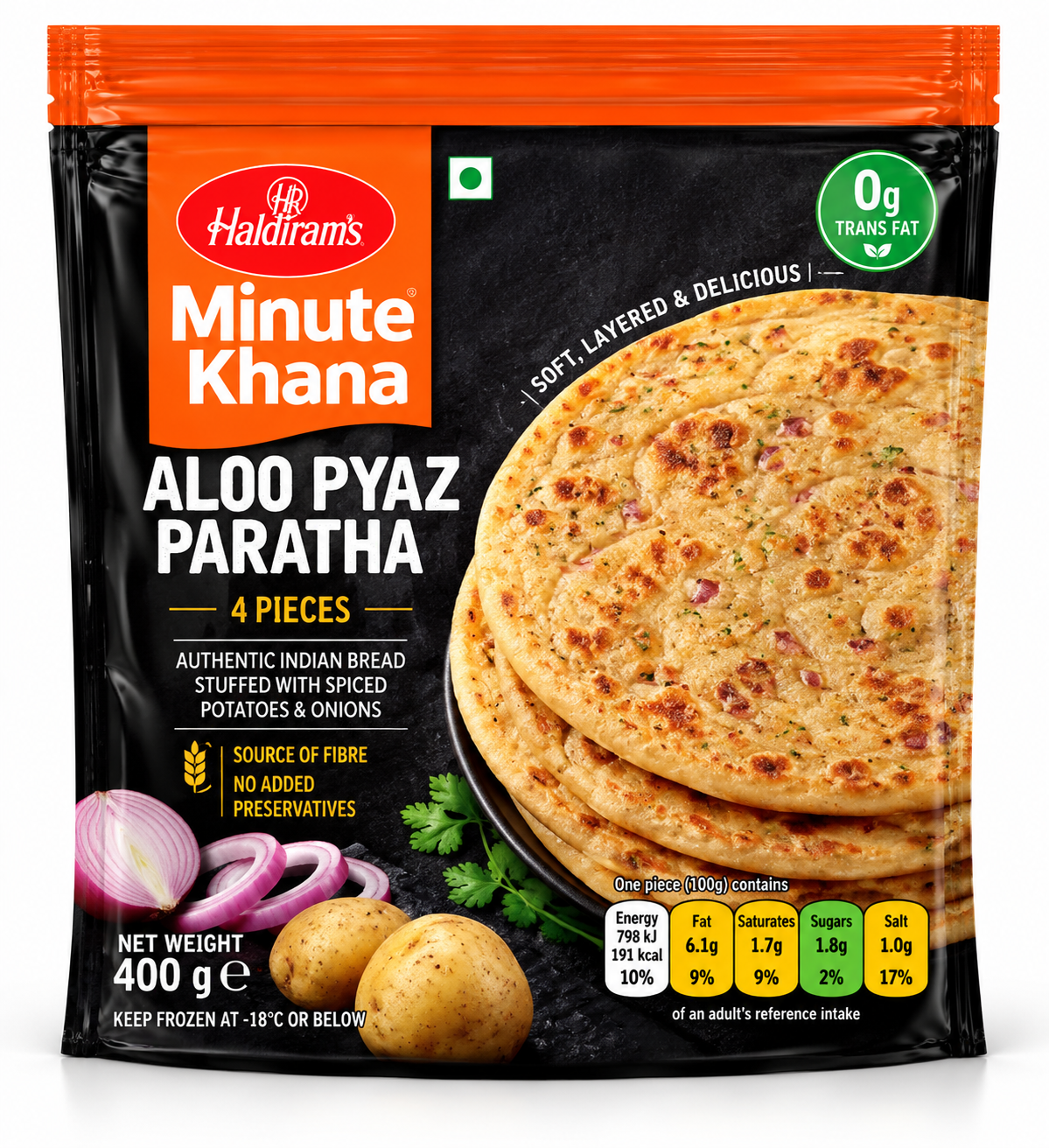 Haldiram’s Minute Khana Aloo Pyaz Paratha 400g pack featuring golden potato and onion-stuffed parathas with fresh onion, potatoes and coriander in black and orange packaging.