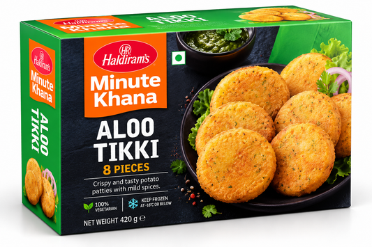 Haldiram’s Minute Khana Aloo Tikki 420g pack featuring golden, crispy potato patties with fresh coriander, green chutney, and herbs in green, orange, and black packaging.