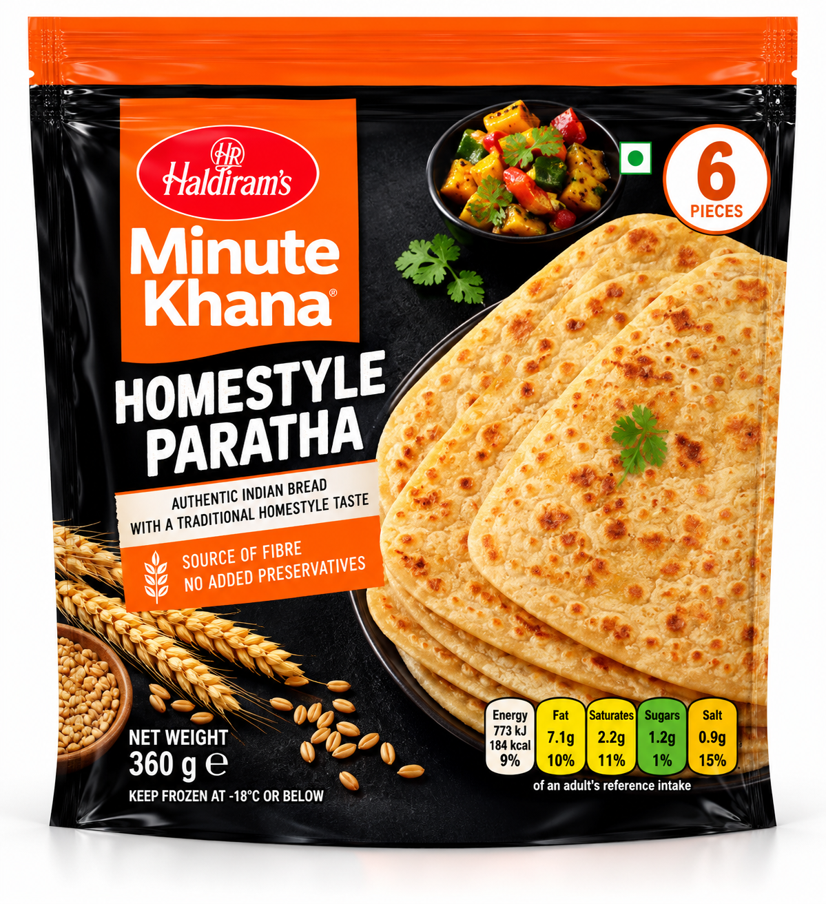 Haldiram’s Minute Khana Homestyle Paratha 360g pack featuring golden homestyle parathas with toasted spots in black and orange packaging.