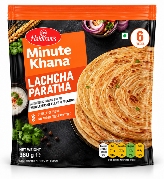 Haldiram’s Minute Khana Lachcha Paratha 360g pack featuring golden, crispy layered Indian flatbreads in black and orange packaging.