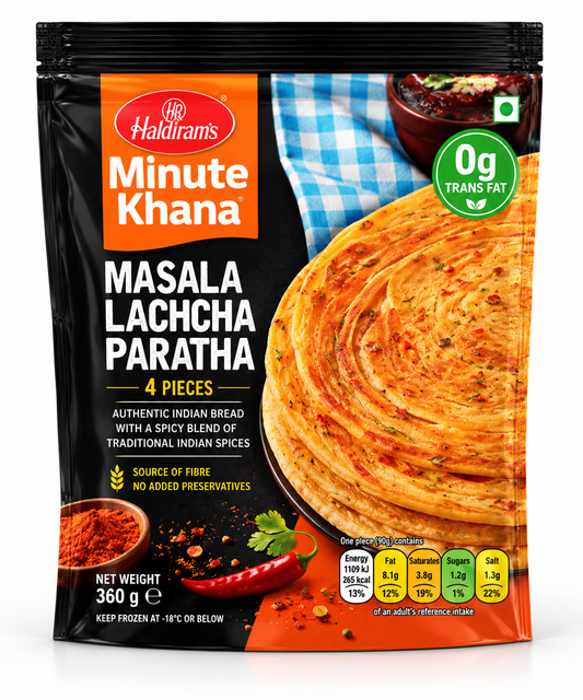 Haldiram’s Minute Khana Masala Lachcha Paratha 360g pack featuring golden, flaky layered parathas with Indian spices in black and orange packaging.