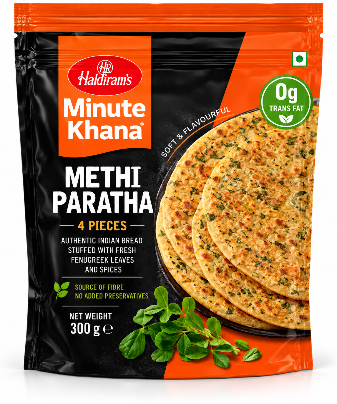 Haldiram’s Minute Khana Methi Paratha 300g pack featuring golden fenugreek parathas with fresh green methi leaves in black and orange packaging.