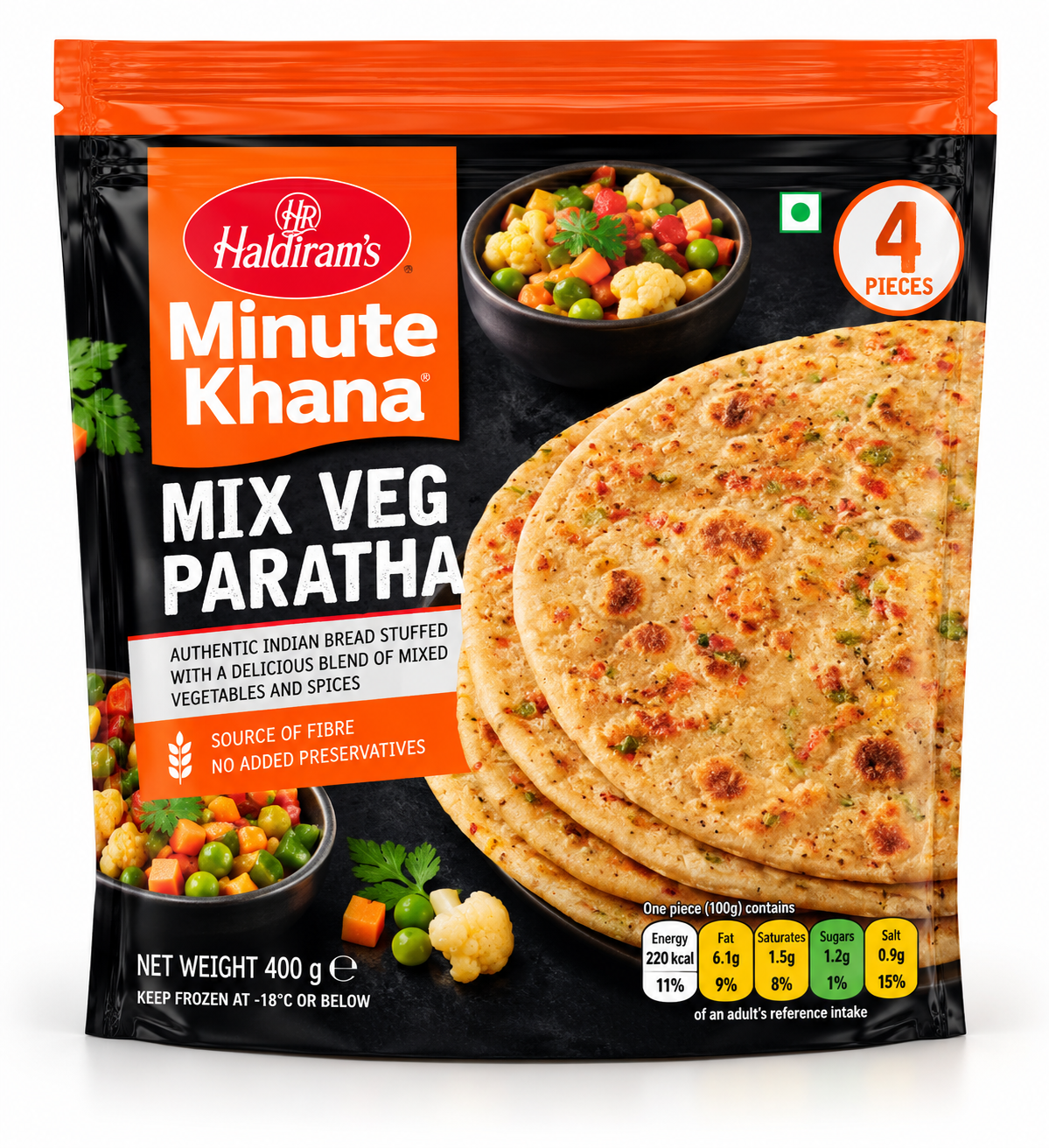 Haldiram’s Minute Khana Mix Veg Paratha 400g pack featuring golden vegetable-stuffed parathas with colourful mixed vegetables in black and orange packaging.
