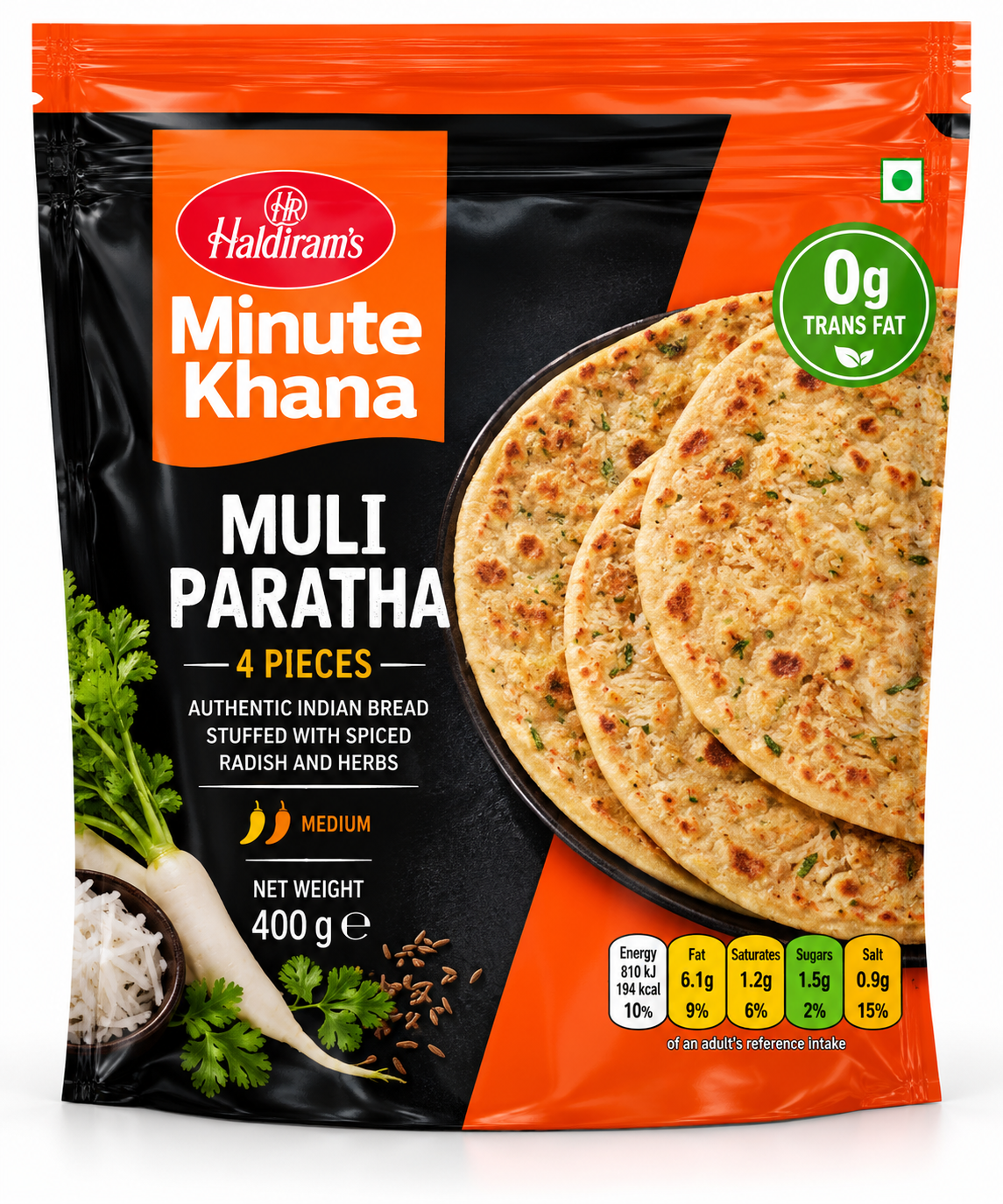 Haldiram’s Minute Khana Muli Paratha 400g pack featuring golden radish-stuffed parathas with fresh white radish and coriander in black and orange packaging.