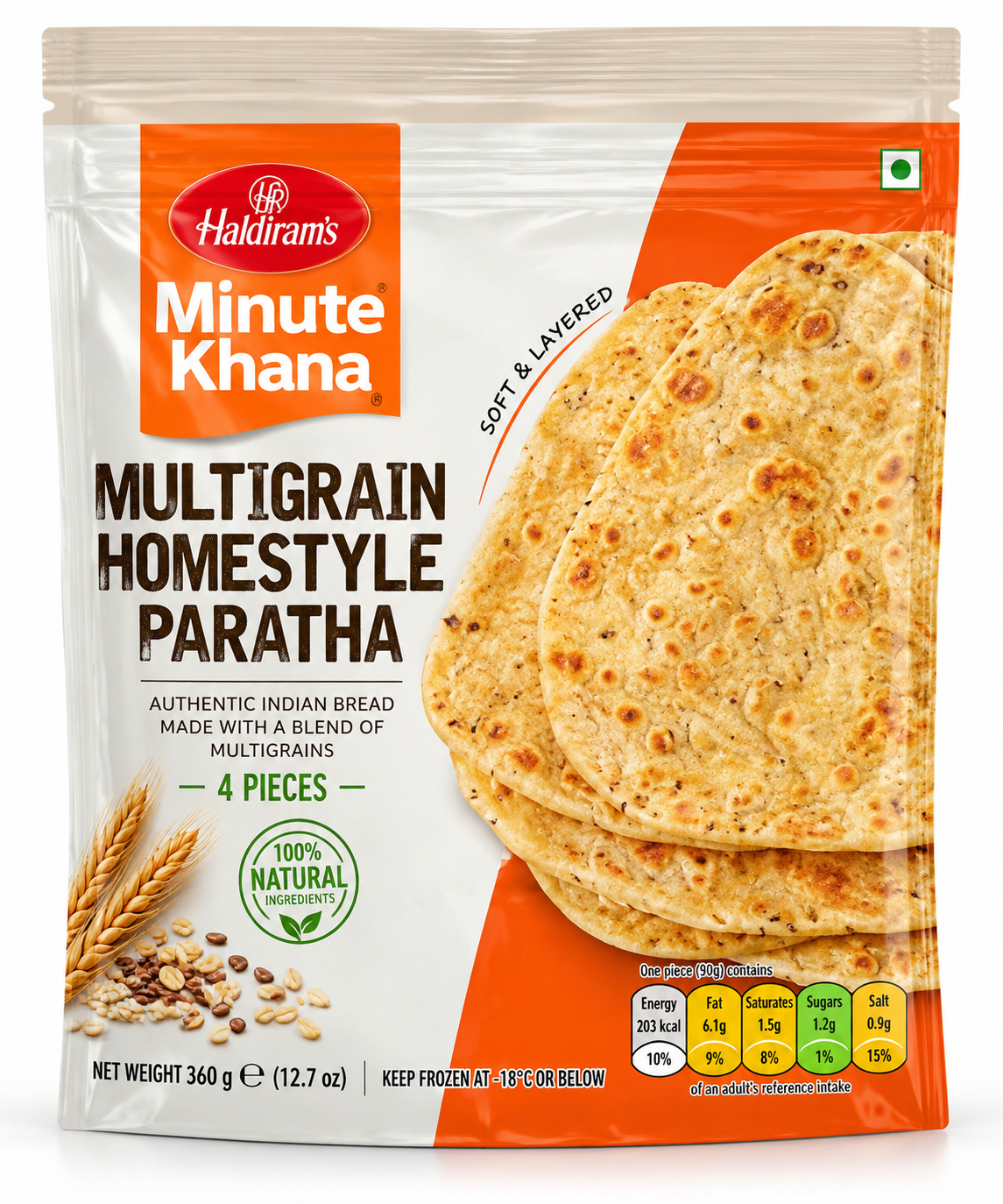Haldiram’s Minute Khana Multigrain Homestyle Paratha 360g pack featuring golden layered parathas made with a blend of multigrains.