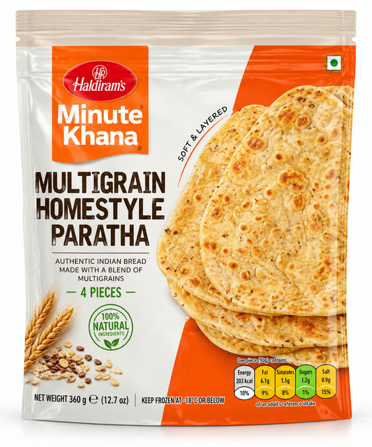 Haldiram’s Minute Khana Multigrain Homestyle Paratha 360g pack featuring golden layered parathas made with a blend of multigrains.
