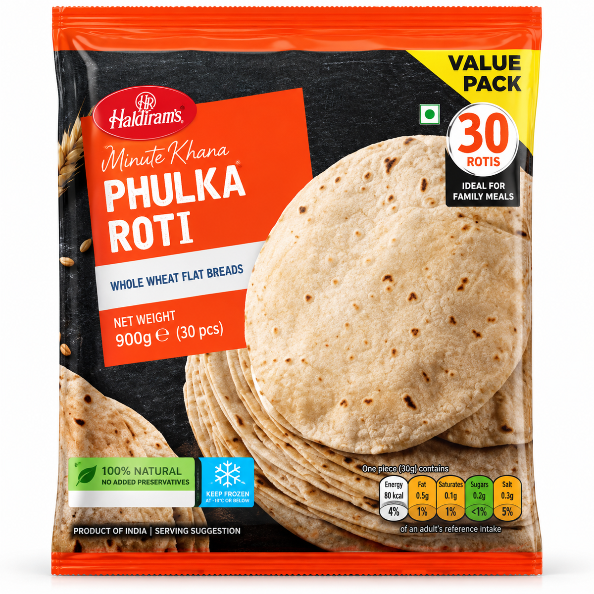 Haldiram’s Minute Khana Phulka Roti 900g pack containing 30 whole-wheat rotis, featuring stacked rotis in black and orange packaging.