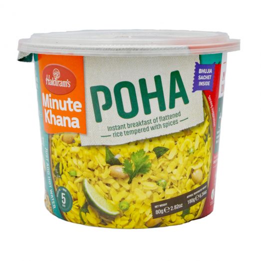 Haldiram's Minute Khana Poha 80g ready-to-eat pack featuring instant flattened rice with peanuts and spices, designed for quick preparation by simply adding hot water.