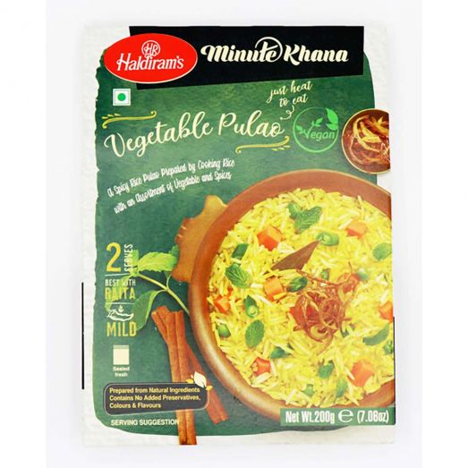Front-facing retail pack of Haldiram’s Vegetable Pulao 200g showing ready-to-eat Indian basmati rice with mixed vegetables in sealed shelf-stable pouch packaging suitable for microwave heating.