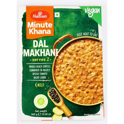 Haldiram’s Dal Makhani 300g showing ready-to-eat Indian creamy lentil curry in a sealed pouch suitable for quick heating and serving with rice or bread.