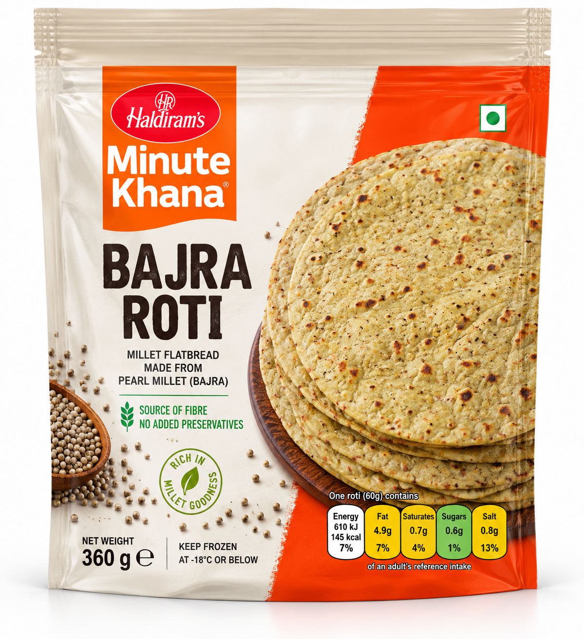 Haldiram’s Minute Khana Bajra Roti 360g pack featuring pearl millet flatbreads with toasted spots and bajra grains in cream and orange packaging.
