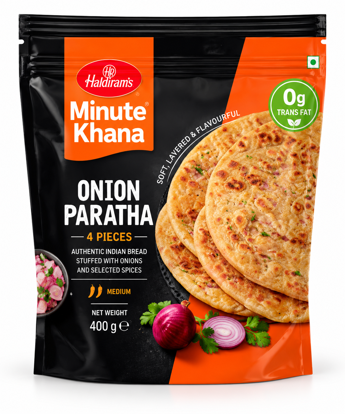 Haldiram’s Minute Khana Onion Paratha 400g pack featuring golden layered onion-stuffed parathas with fresh red onion and coriander.