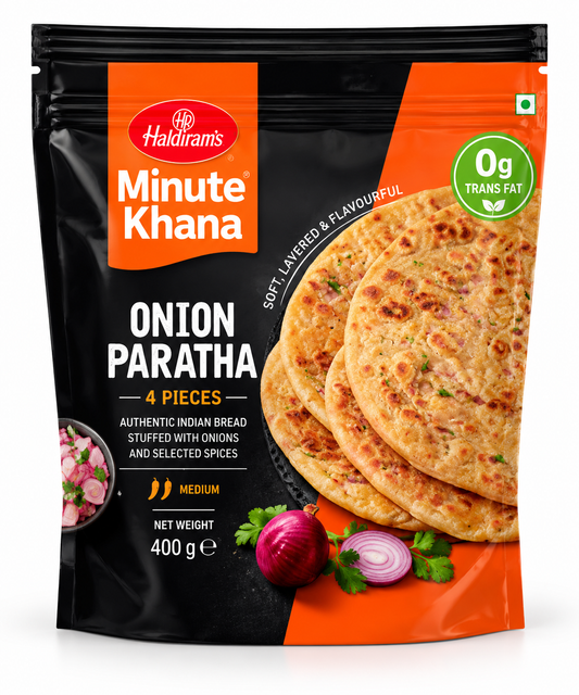 Haldiram’s Minute Khana Onion Paratha 400g pack featuring golden layered onion-stuffed parathas with fresh red onion and coriander.