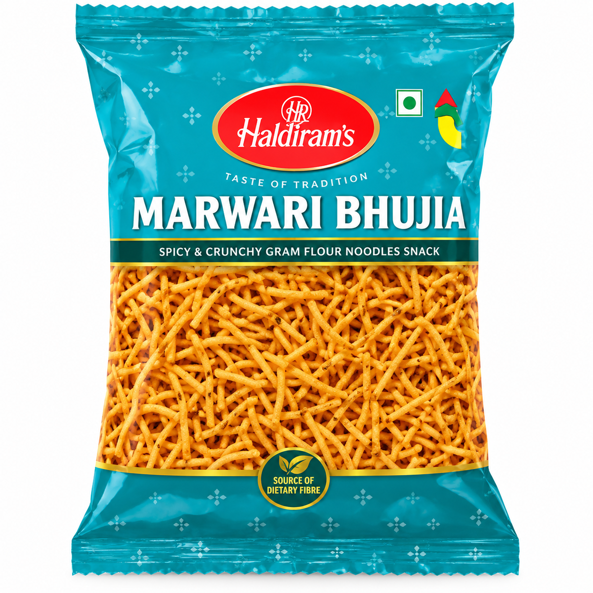 Haldiram’s Marwari Bhujia 200g snack pack in teal packaging, filled with golden crispy gram flour noodles, a traditional Indian savoury snack.